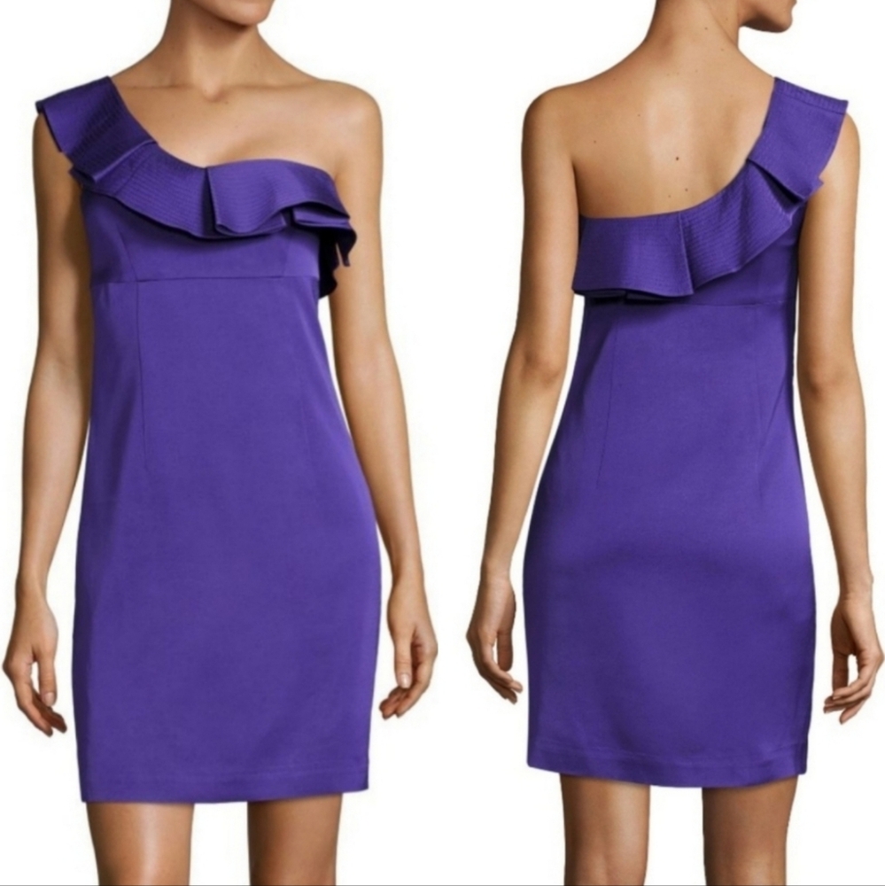Trina Turk Intrigue One Shoulder Ruffle Flounce Sheath Mini Dress Size 8 Purple